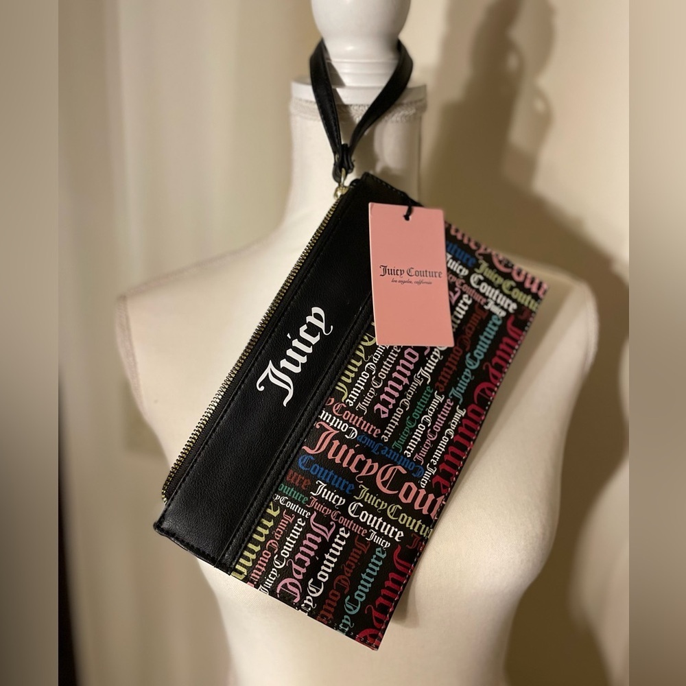 Juicy Couture Large Wristlet Multi Color logo repeated on black background NWT